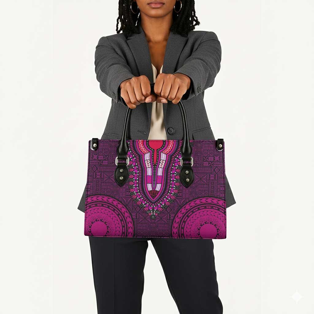 Pink Dashiki and Tapa Pattern Leather Bag Africa-Polynesia Together Culture
