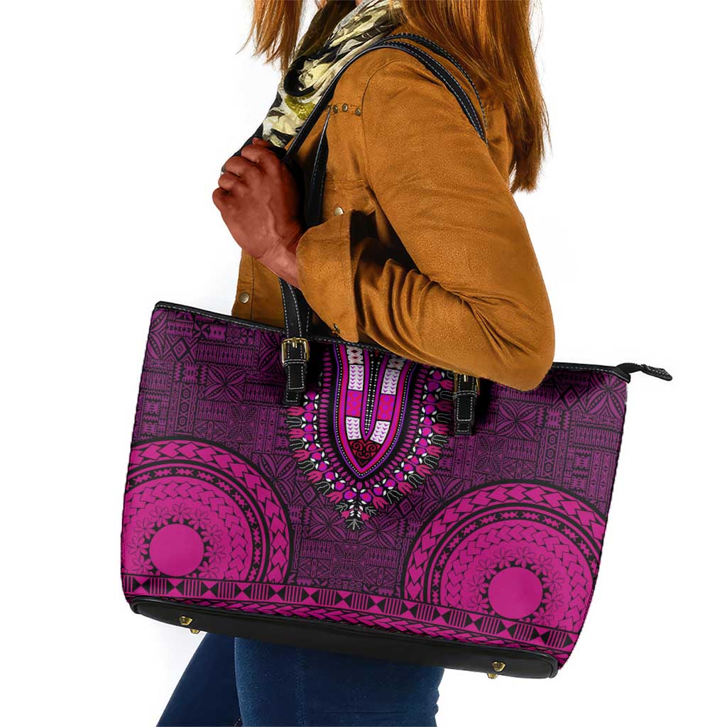 Pink Dashiki and Tapa Pattern Leather Tote Bag Africa-Polynesia Together Culture