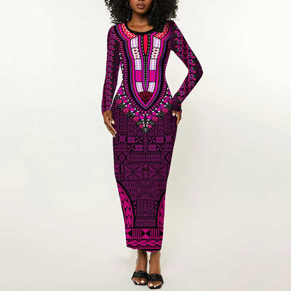 Pink Dashiki and Tapa Pattern Long Sleeve Bodycon Dress Africa-Polynesia Together Culture LT9