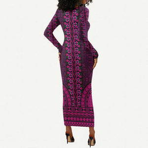 Pink Dashiki and Tapa Pattern Long Sleeve Bodycon Dress Africa-Polynesia Together Culture