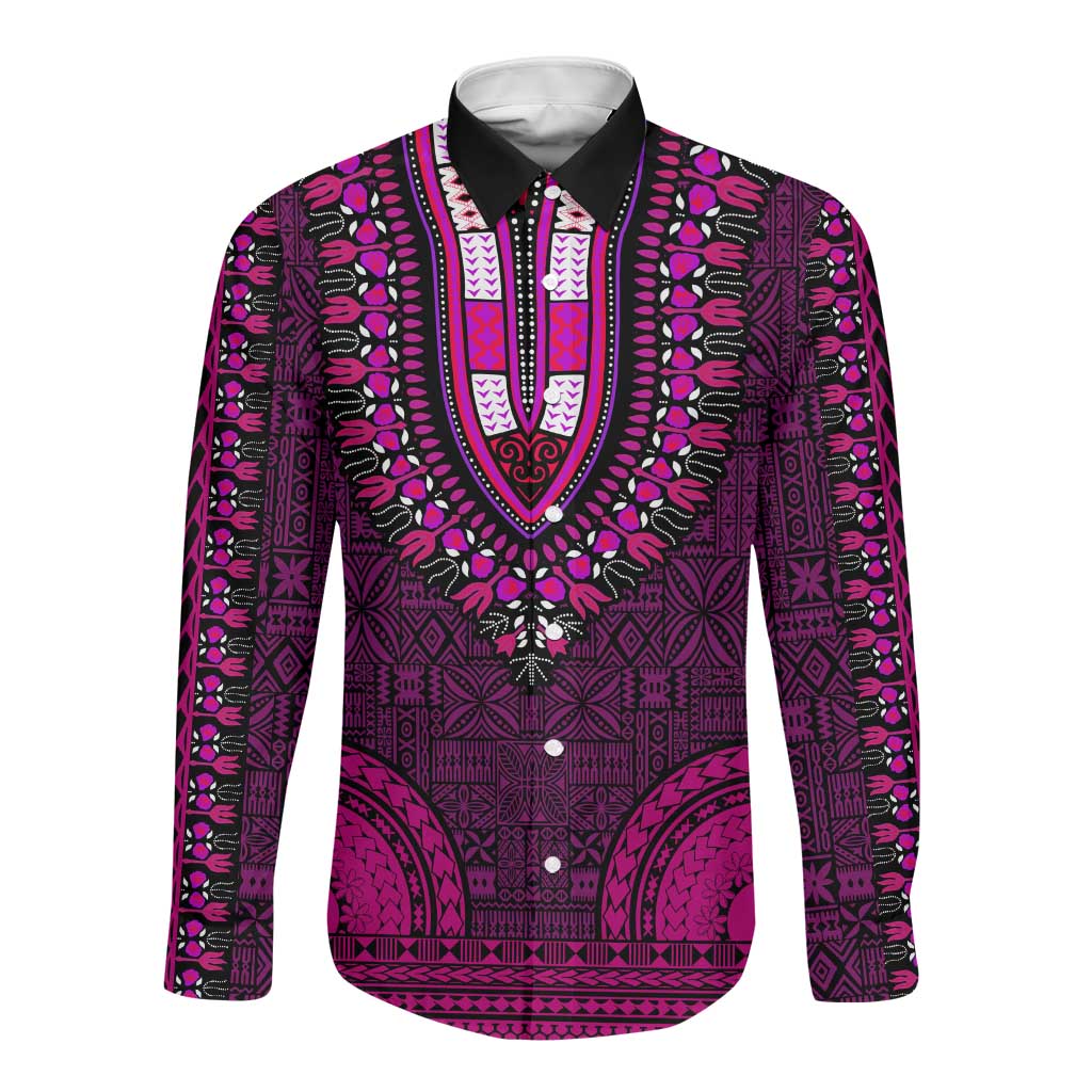 Pink Dashiki and Tapa Pattern Long Sleeve Button Shirt Africa-Polynesia Together Culture