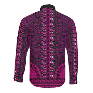 Pink Dashiki and Tapa Pattern Long Sleeve Button Shirt Africa-Polynesia Together Culture