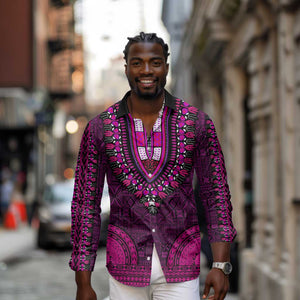 Pink Dashiki and Tapa Pattern Long Sleeve Button Shirt Africa-Polynesia Together Culture