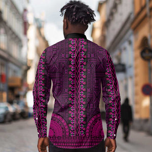 Pink Dashiki and Tapa Pattern Long Sleeve Button Shirt Africa-Polynesia Together Culture