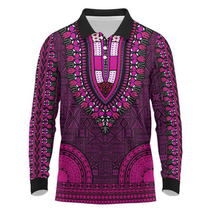 Pink Dashiki and Tapa Pattern Long Sleeve Polo Shirt Africa-Polynesia Together Culture