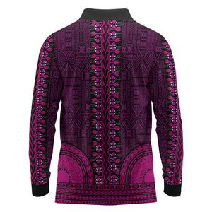 Pink Dashiki and Tapa Pattern Long Sleeve Polo Shirt Africa-Polynesia Together Culture