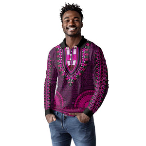 Pink Dashiki and Tapa Pattern Long Sleeve Polo Shirt Africa-Polynesia Together Culture