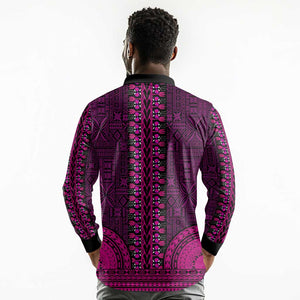 Pink Dashiki and Tapa Pattern Long Sleeve Polo Shirt Africa-Polynesia Together Culture