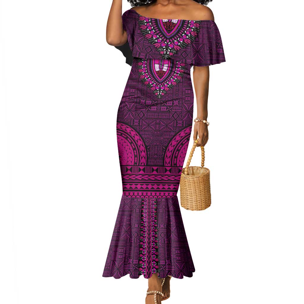 Pink Dashiki and Tapa Pattern Mermaid Dress Africa-Polynesia Together Culture