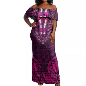 Pink Dashiki and Tapa Pattern Off Shoulder Maxi Dress Africa-Polynesia Together Culture