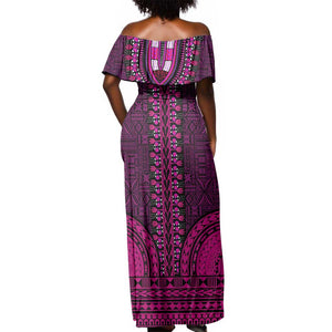 Pink Dashiki and Tapa Pattern Off Shoulder Maxi Dress Africa-Polynesia Together Culture