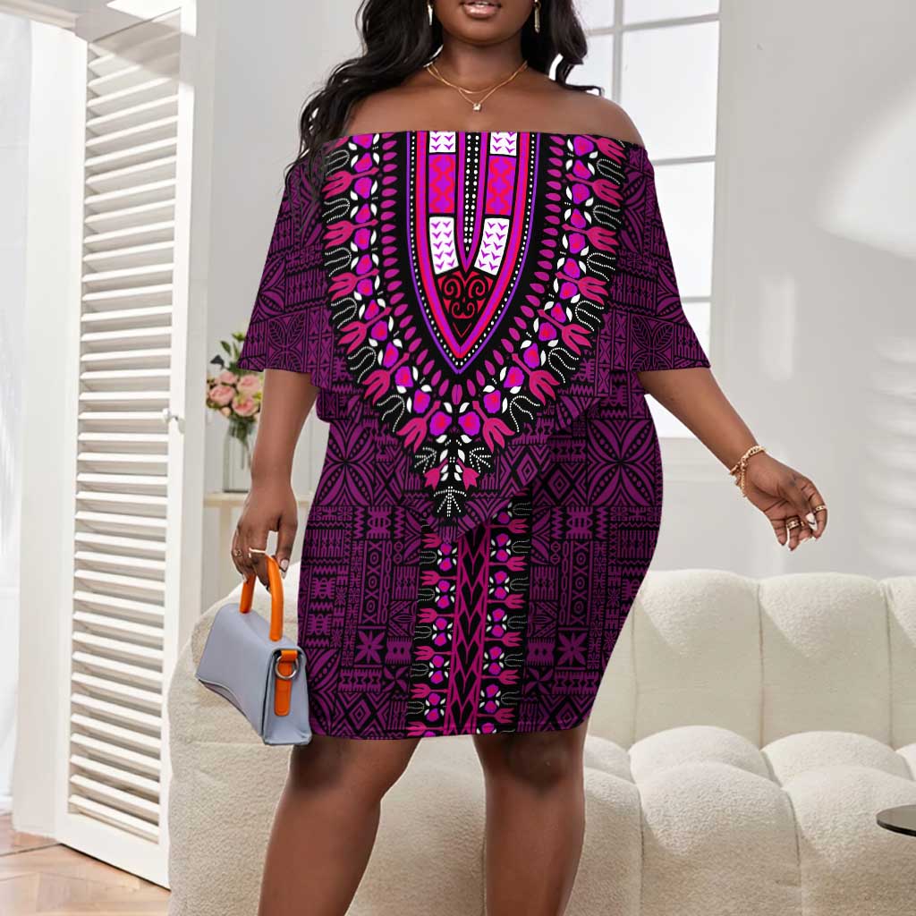 Pink Dashiki and Tapa Pattern Off Shoulder Short Dress Africa-Polynesia Together Culture