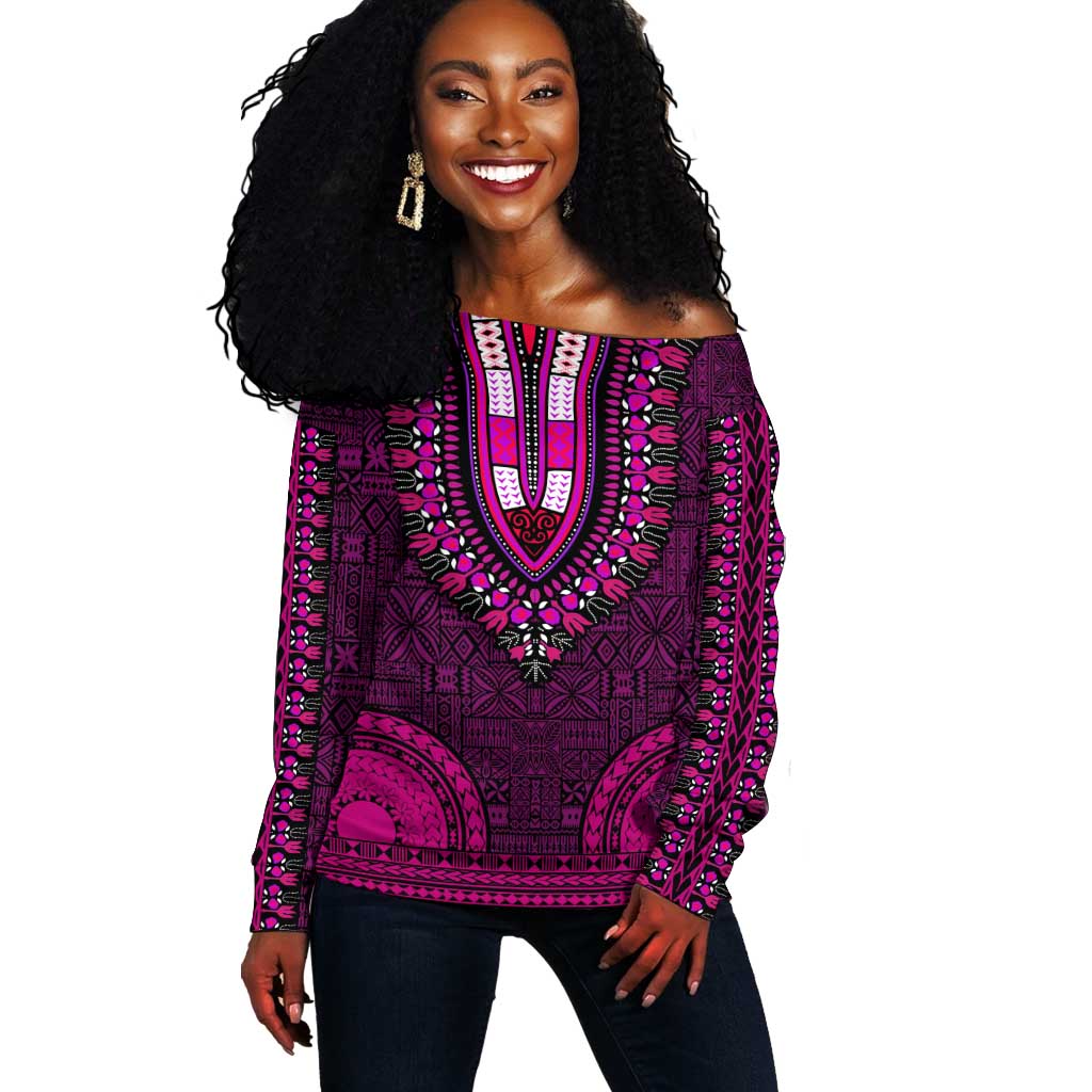 Pink Dashiki and Tapa Pattern Off Shoulder Sweater Africa-Polynesia Together Culture