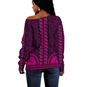 Pink Dashiki and Tapa Pattern Off Shoulder Sweater Africa-Polynesia Together Culture