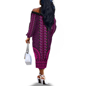 Pink Dashiki and Tapa Pattern Off The Shoulder Long Sleeve Dress Africa-Polynesia Together Culture