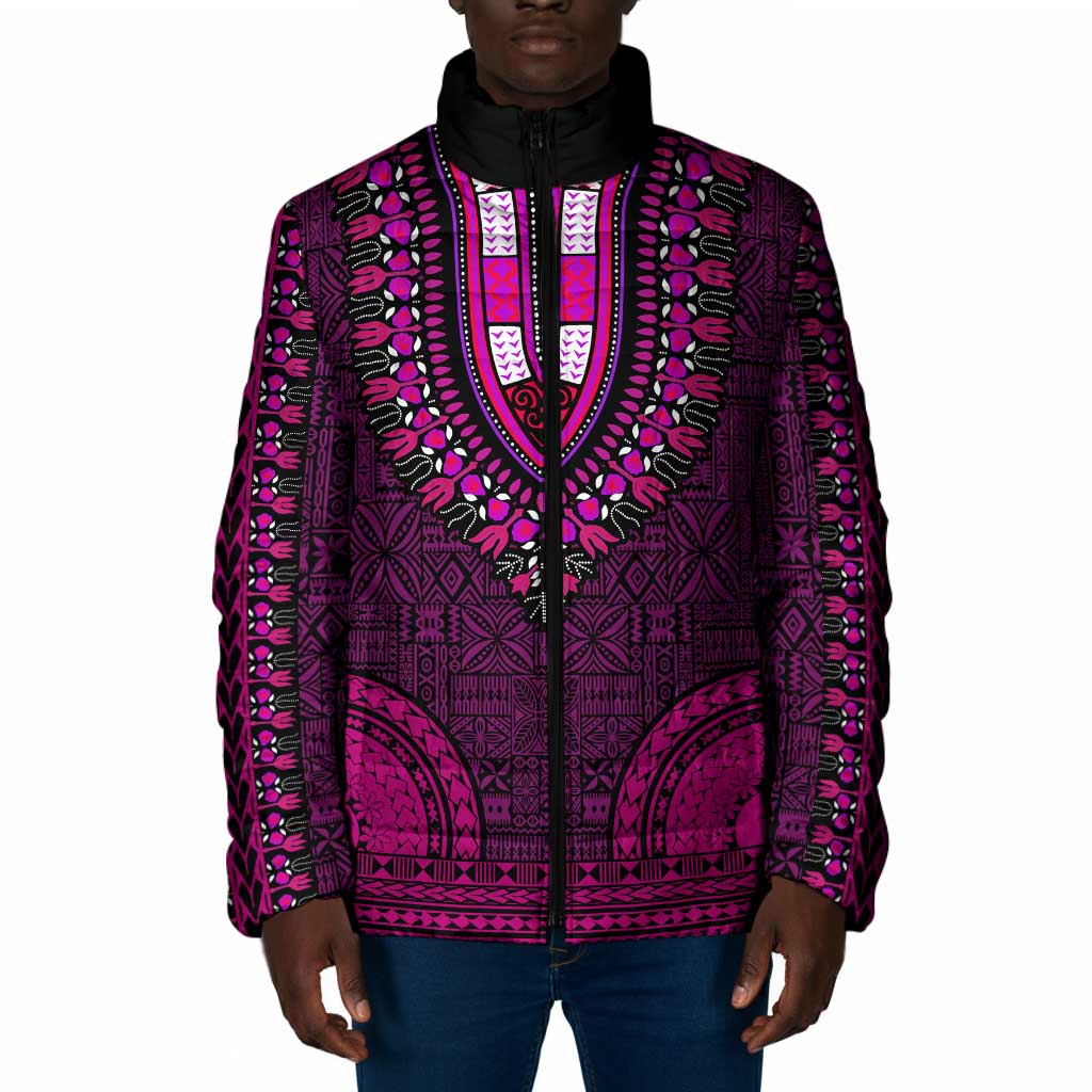 Pink Dashiki and Tapa Pattern Padded Jacket Africa-Polynesia Together Culture