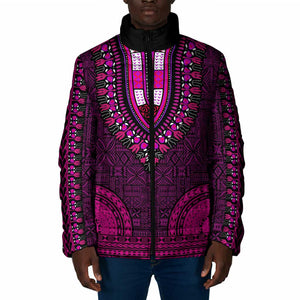 Pink Dashiki and Tapa Pattern Padded Jacket Africa-Polynesia Together Culture