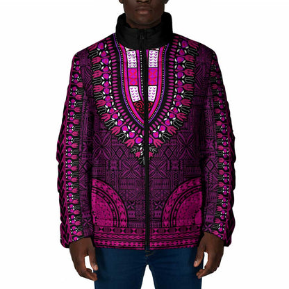 Pink Dashiki and Tapa Pattern Padded Jacket Africa-Polynesia Together Culture