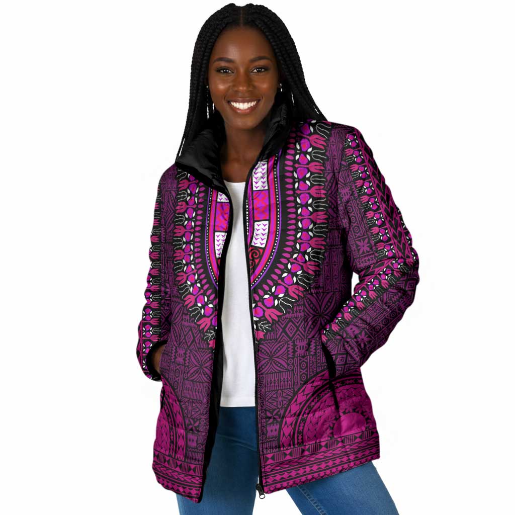 Pink Dashiki and Tapa Pattern Padded Jacket Africa-Polynesia Together Culture