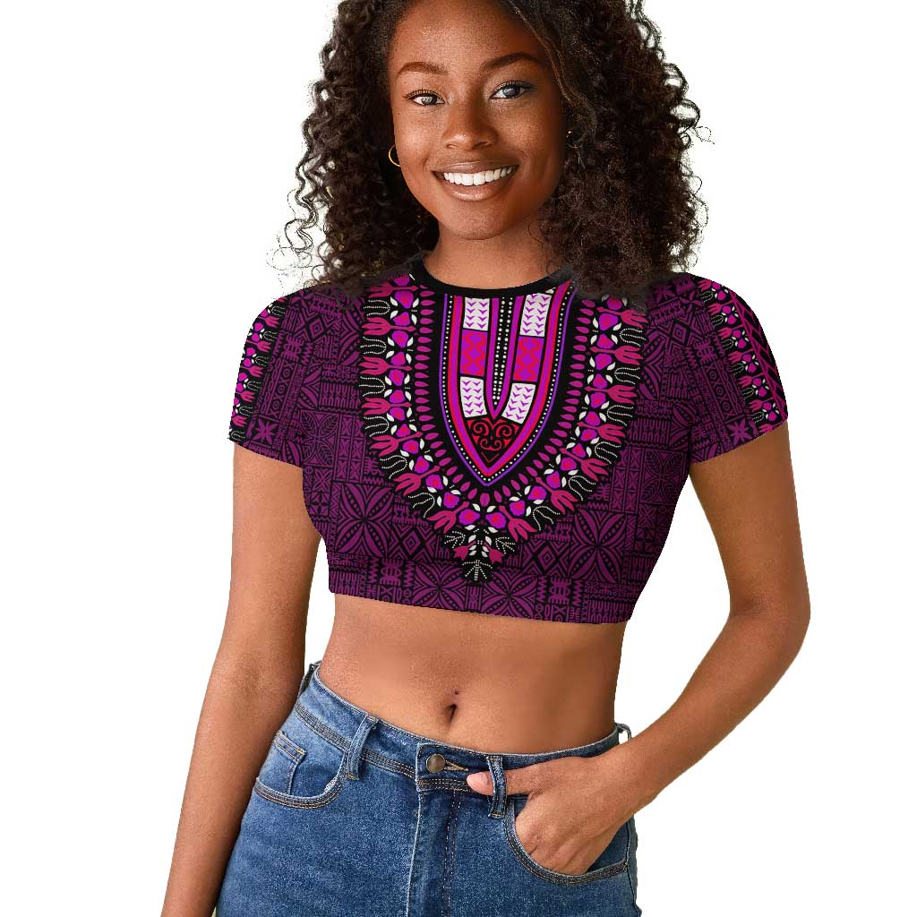 Pink Dashiki and Tapa Pattern Raglan Cropped T shirt Africa-Polynesia Together Culture