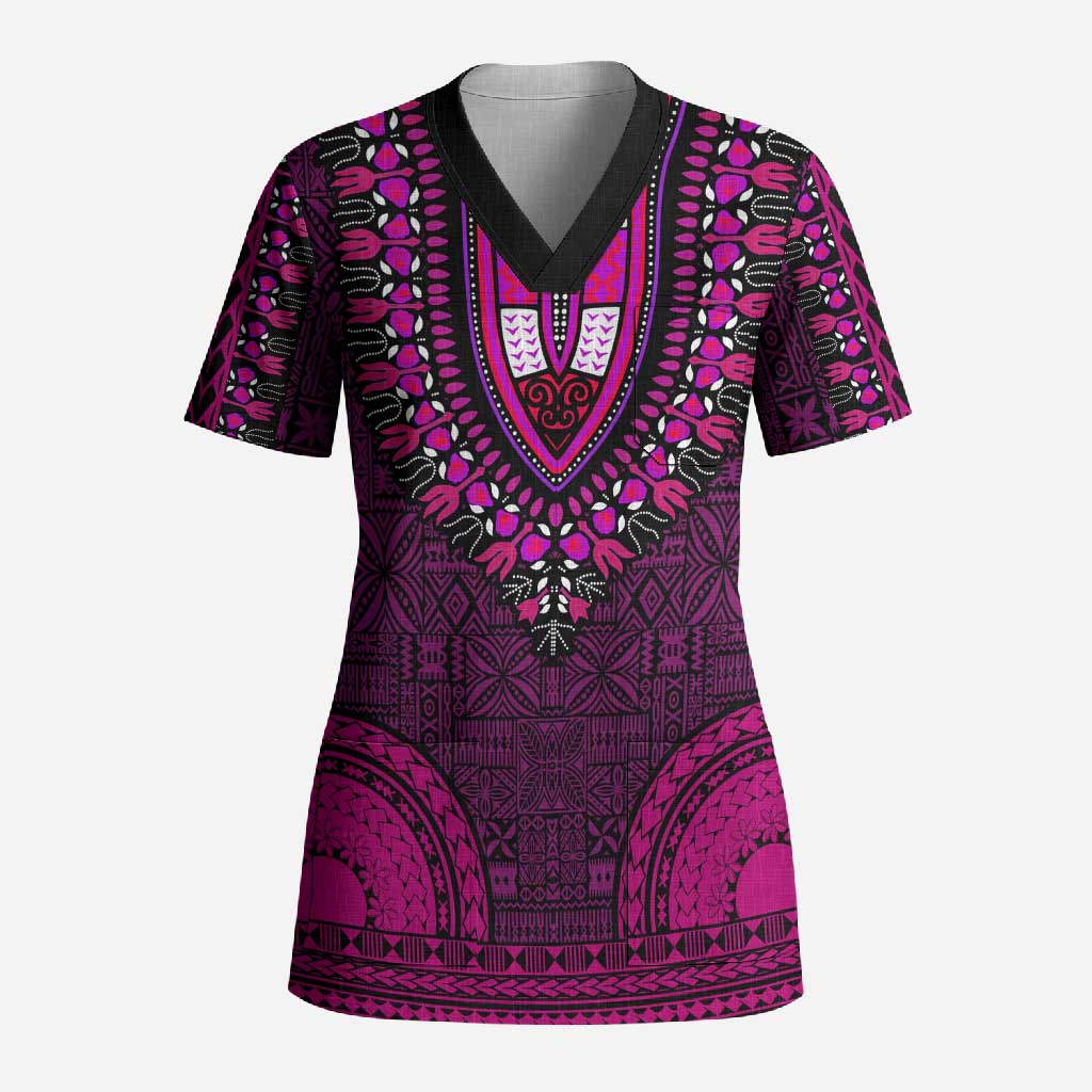 Pink Dashiki and Tapa Pattern Scrub Top Africa-Polynesia Together Culture