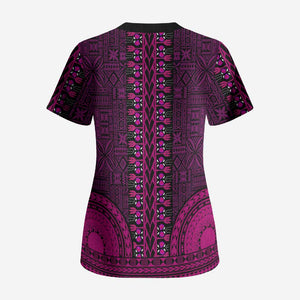 Pink Dashiki and Tapa Pattern Scrub Top Africa-Polynesia Together Culture