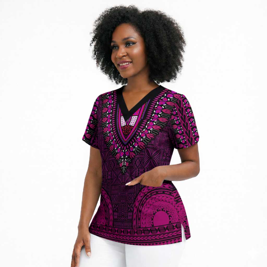 Pink Dashiki and Tapa Pattern Scrub Top Africa-Polynesia Together Culture