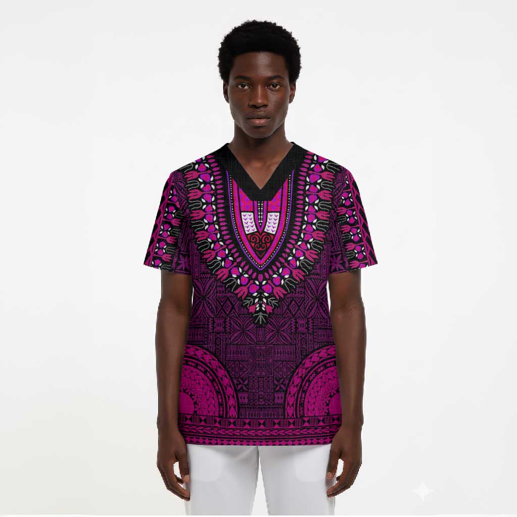 Pink Dashiki and Tapa Pattern Scrub Top Africa-Polynesia Together Culture