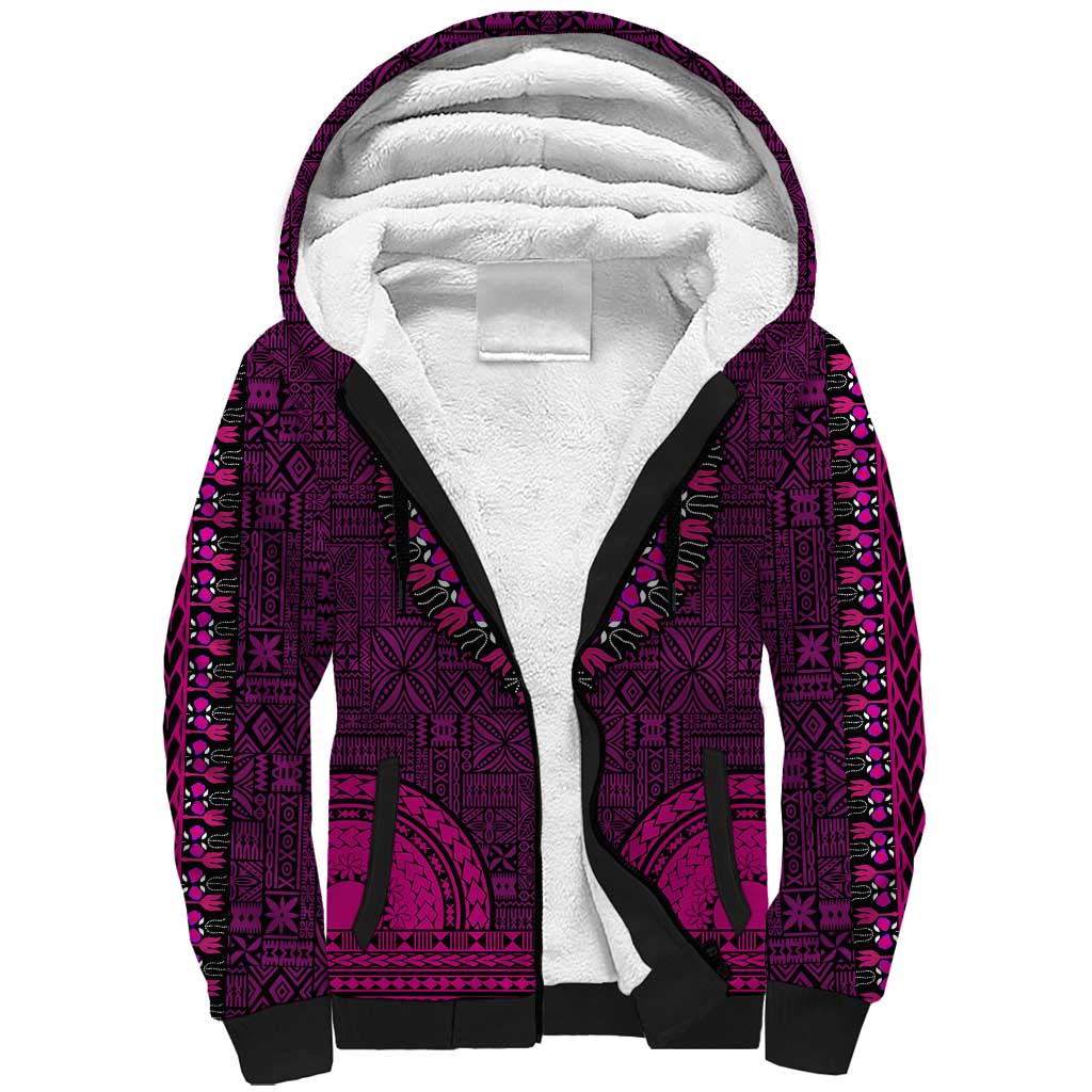 Pink Dashiki and Tapa Pattern Sherpa Hoodie Africa-Polynesia Together Culture