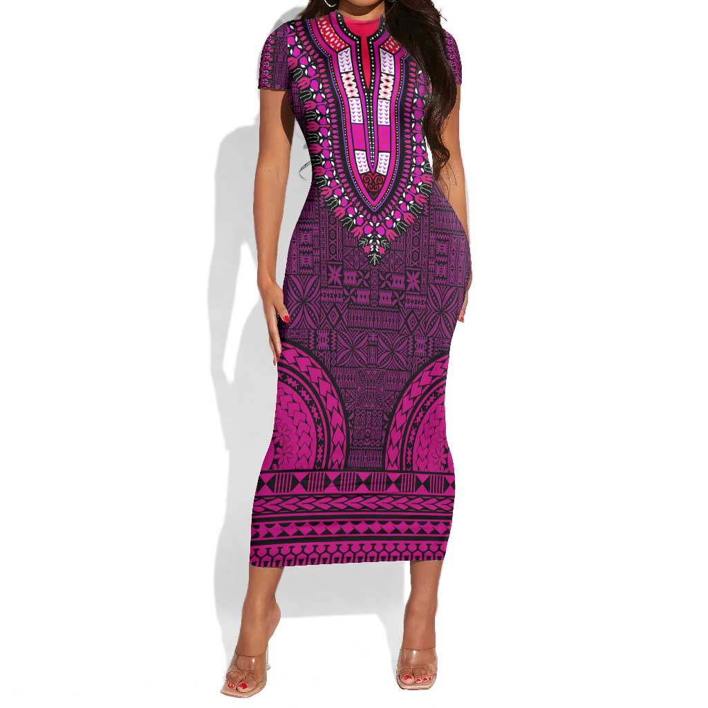 Pink Dashiki and Tapa Pattern Short Sleeve Bodycon Dress Africa-Polynesia Together Culture