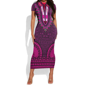 Pink Dashiki and Tapa Pattern Short Sleeve Bodycon Dress Africa-Polynesia Together Culture