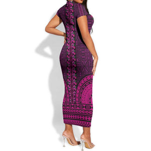 Pink Dashiki and Tapa Pattern Short Sleeve Bodycon Dress Africa-Polynesia Together Culture