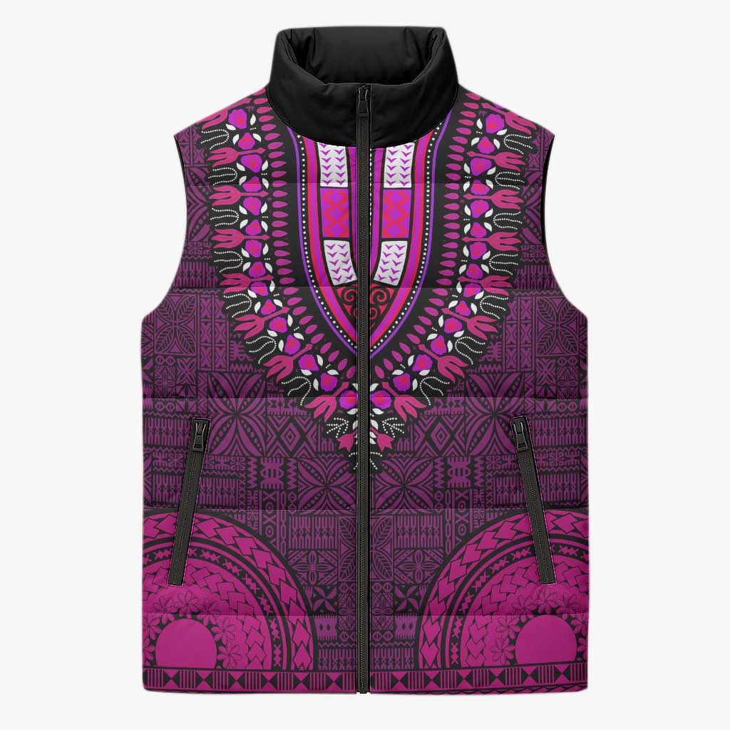 Pink Dashiki and Tapa Pattern Sleeveless Puffer Jacket Africa-Polynesia Together Culture