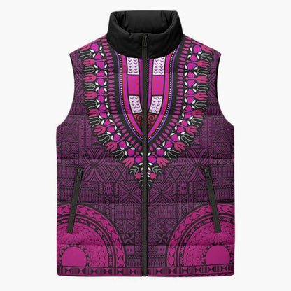 Pink Dashiki and Tapa Pattern Sleeveless Puffer Jacket Africa-Polynesia Together Culture