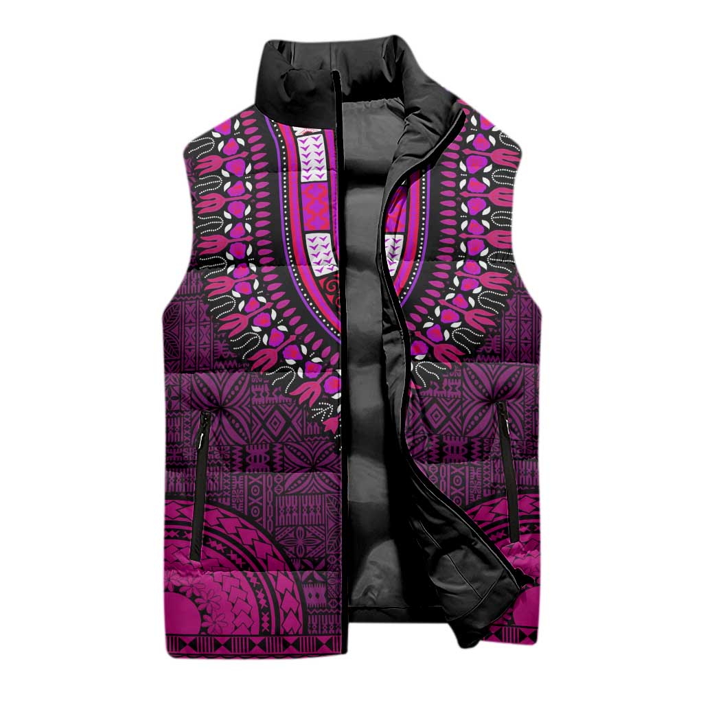 Pink Dashiki and Tapa Pattern Sleeveless Puffer Jacket Africa-Polynesia Together Culture