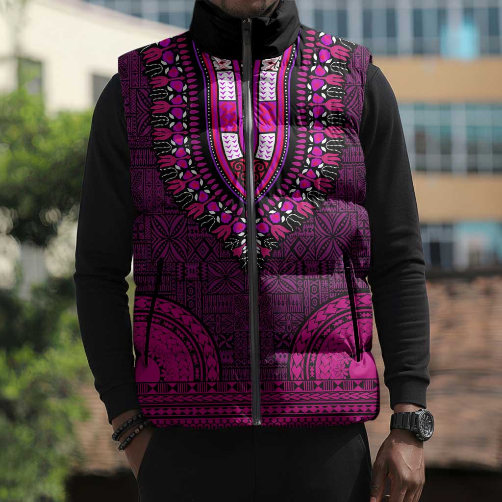 Pink Dashiki and Tapa Pattern Sleeveless Puffer Jacket Africa-Polynesia Together Culture