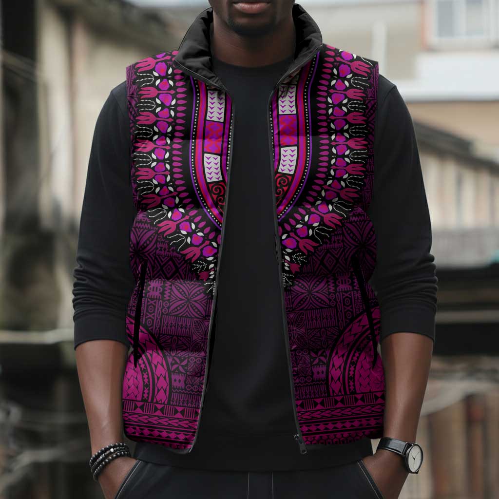 Pink Dashiki and Tapa Pattern Sleeveless Puffer Jacket Africa-Polynesia Together Culture