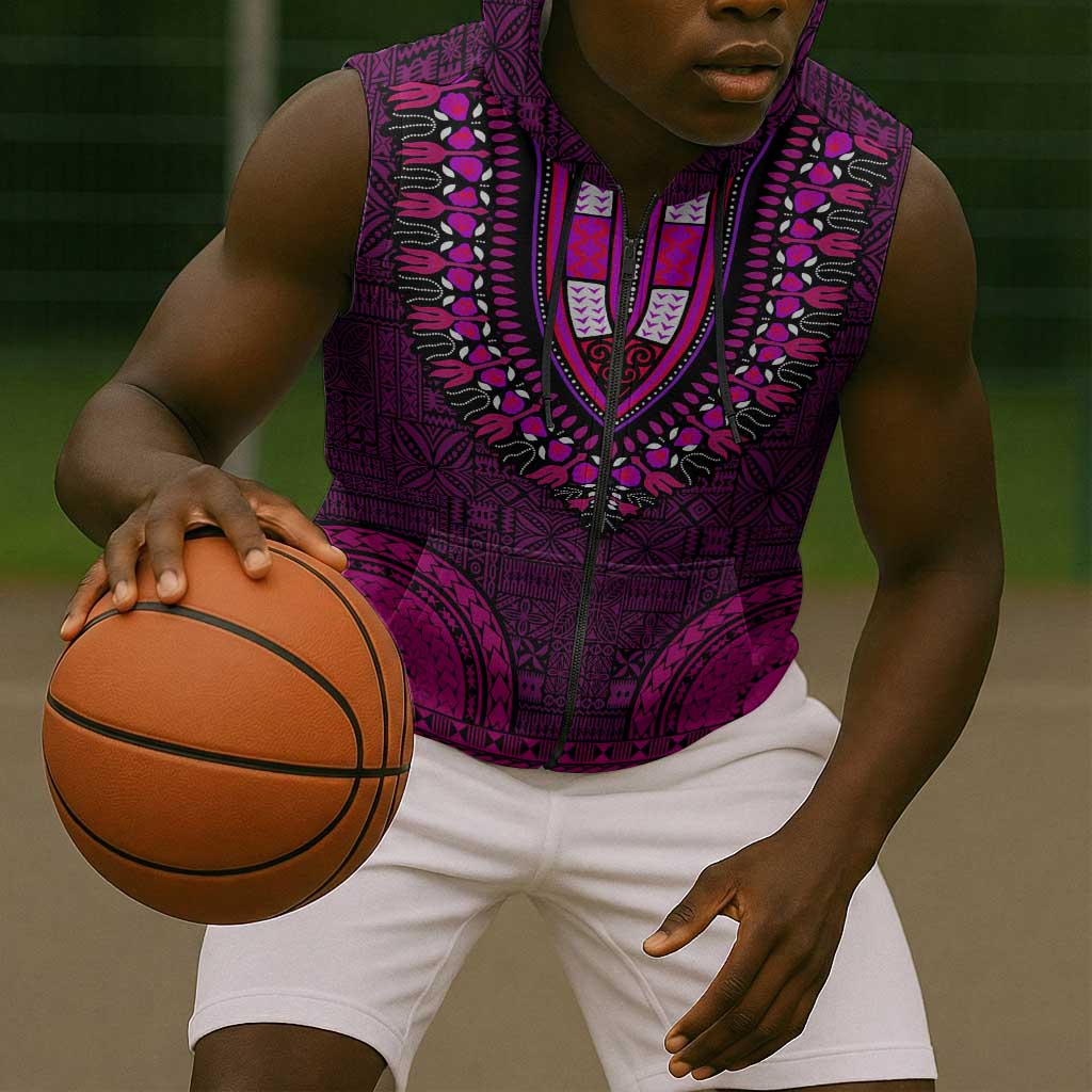Pink Dashiki and Tapa Pattern Sleeveless Zip Hoodie Africa-Polynesia Together Culture - African Pride