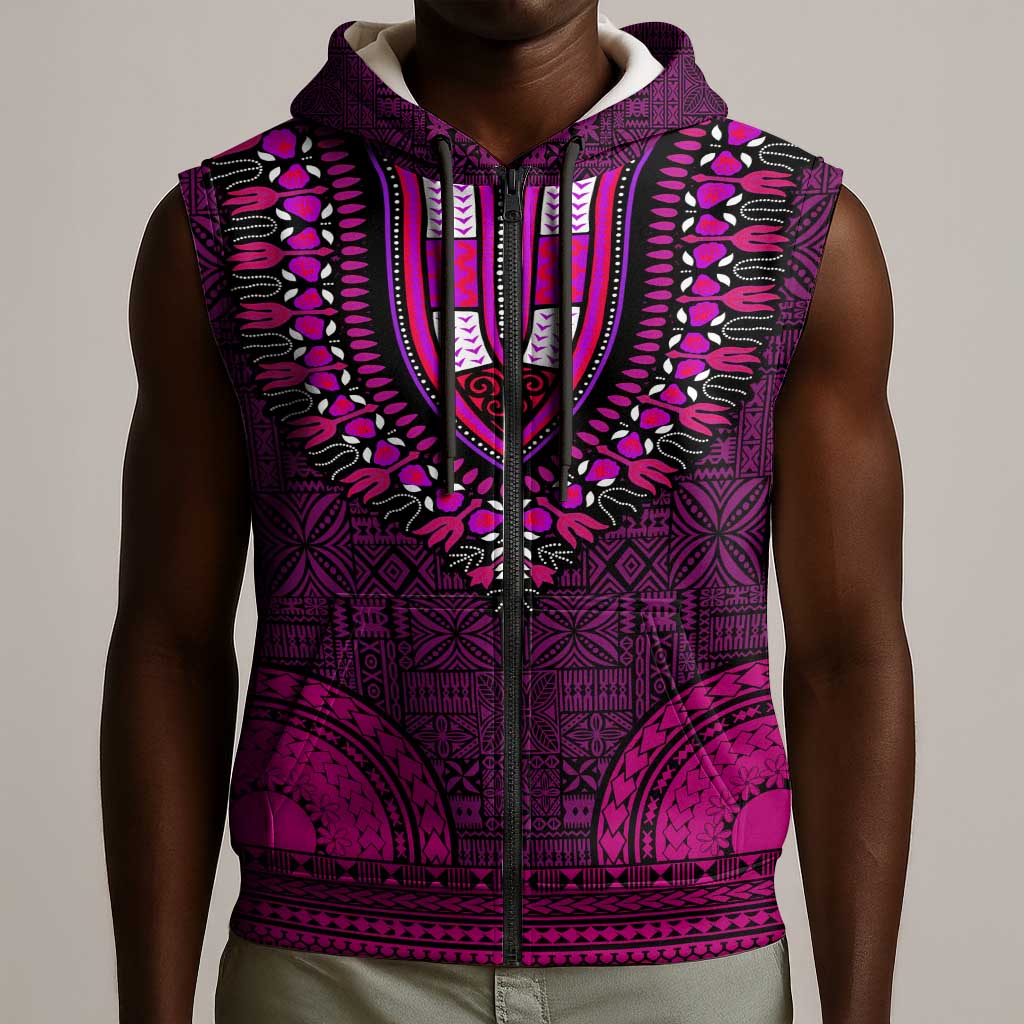 Pink Dashiki and Tapa Pattern Sleeveless Zip Hoodie Africa-Polynesia Together Culture - African Pride