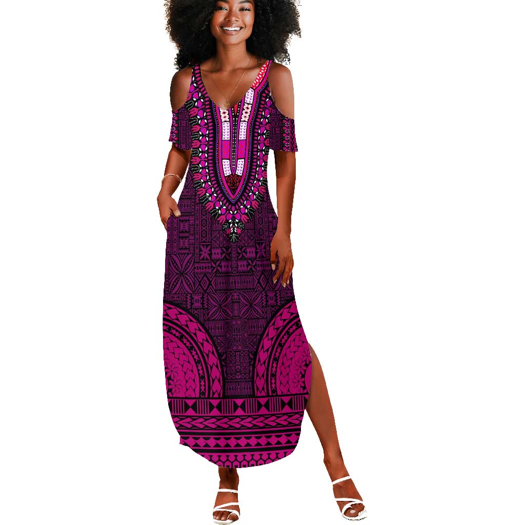 Pink Dashiki and Tapa Pattern Summer Maxi Dress Africa-Polynesia Together Culture