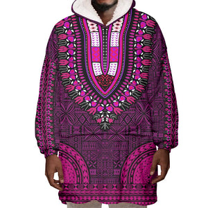 Pink Dashiki and Tapa Pattern Wearable Blanket Hoodie Africa-Polynesia Together Culture