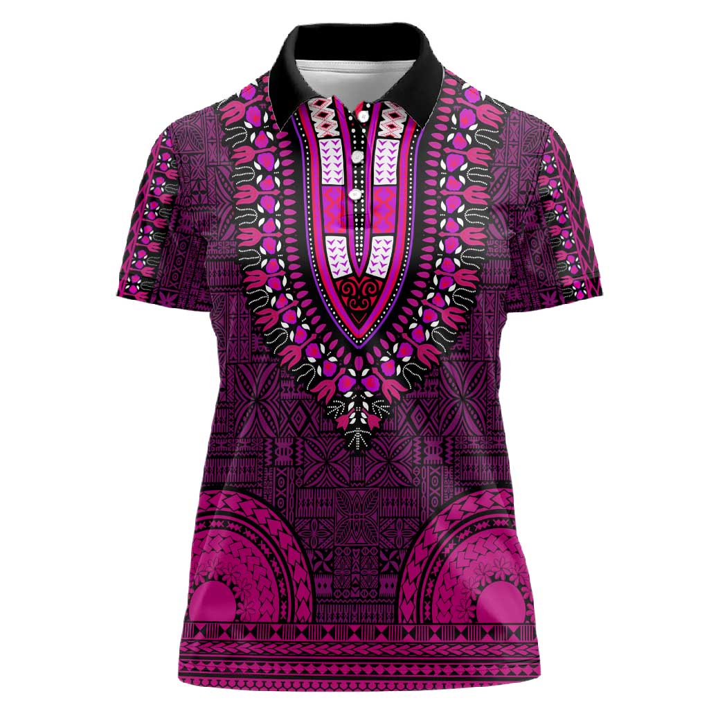 Pink Dashiki and Tapa Pattern Women Polo Shirt Africa-Polynesia Together Culture