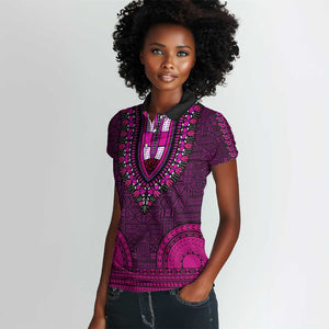 Pink Dashiki and Tapa Pattern Women Polo Shirt Africa-Polynesia Together Culture