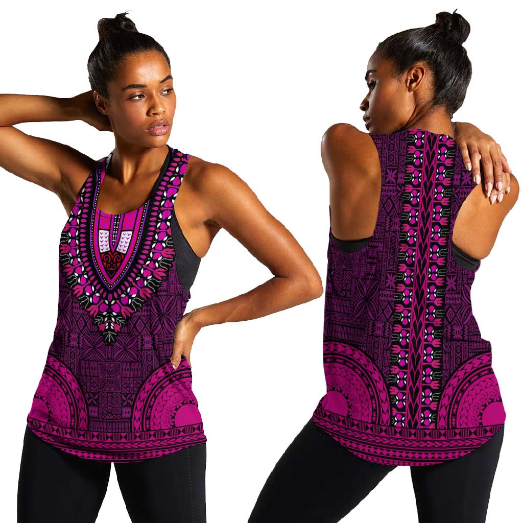 Pink Dashiki and Tapa Pattern Women Racerback Tank Africa-Polynesia Together Culture