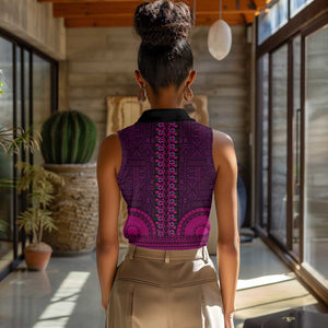 Pink Dashiki and Tapa Pattern Women Sleeveless Polo Shirt Africa-Polynesia Together Culture