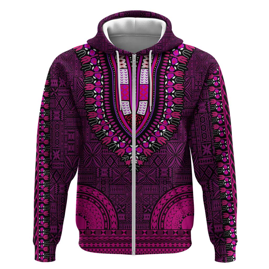 Pink Dashiki and Tapa Pattern Zip Hoodie Africa-Polynesia Together Culture