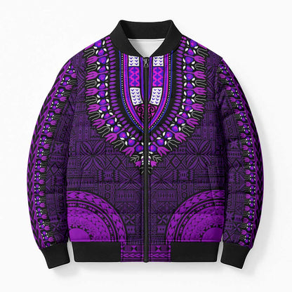 Purple Dashiki and Tapa Pattern Bomber Puffer Jacket Africa-Polynesia Together Culture