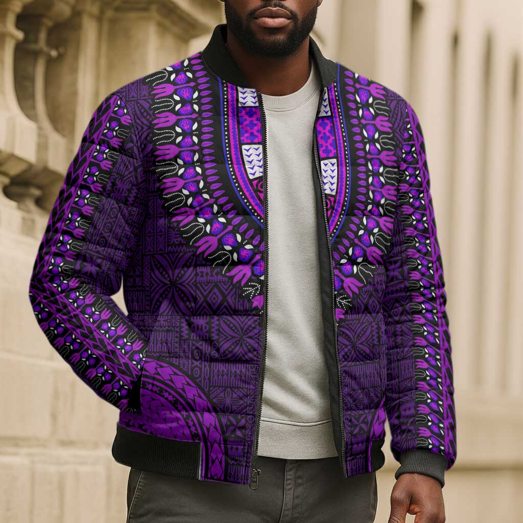 Purple Dashiki and Tapa Pattern Bomber Puffer Jacket Africa-Polynesia Together Culture