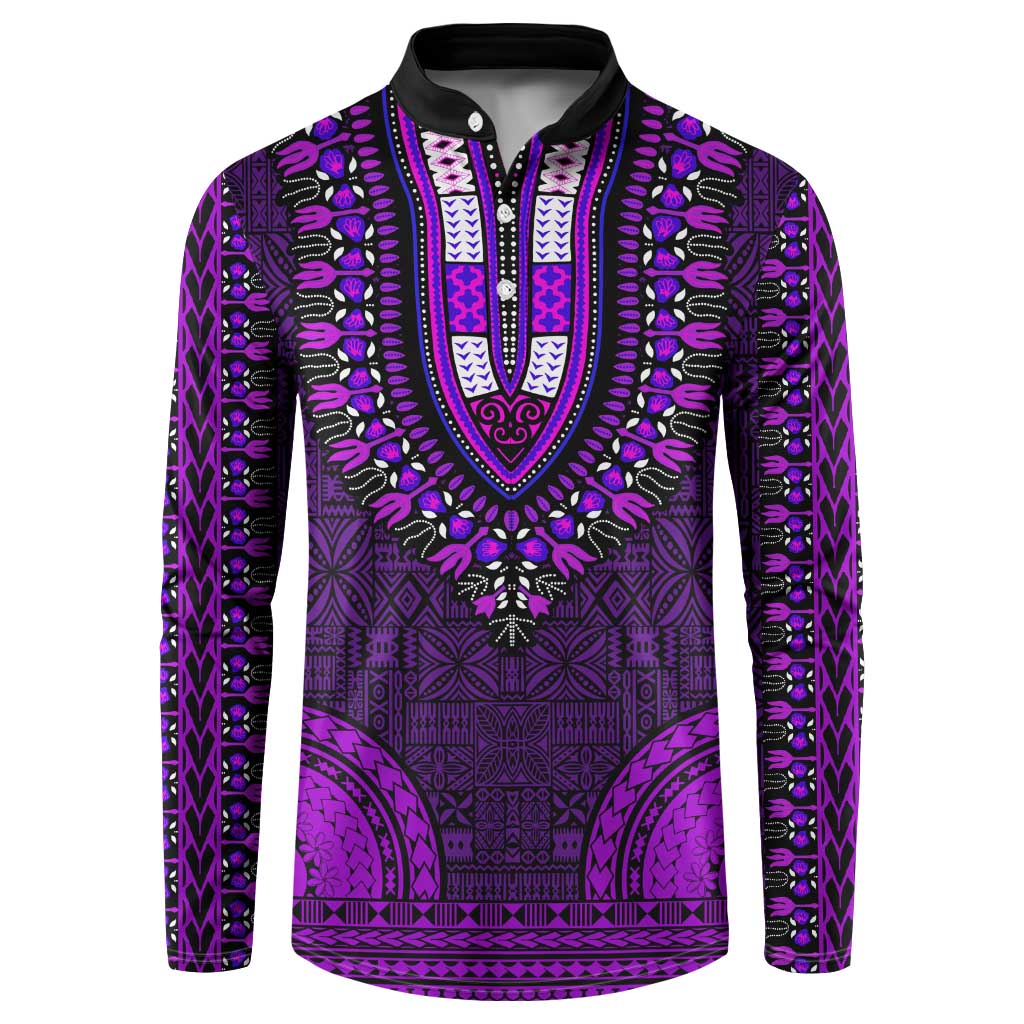 Purple Dashiki and Tapa Pattern Button Sweatshirt Africa-Polynesia Together Culture