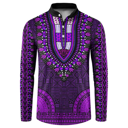 Purple Dashiki and Tapa Pattern Button Sweatshirt Africa-Polynesia Together Culture